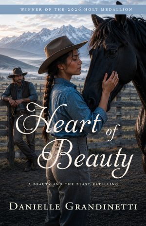 Book cover: Heart of Beauty: A Beauty and the Beast Retelling by Danielle Grandinetti, featuring a woman and a black horse