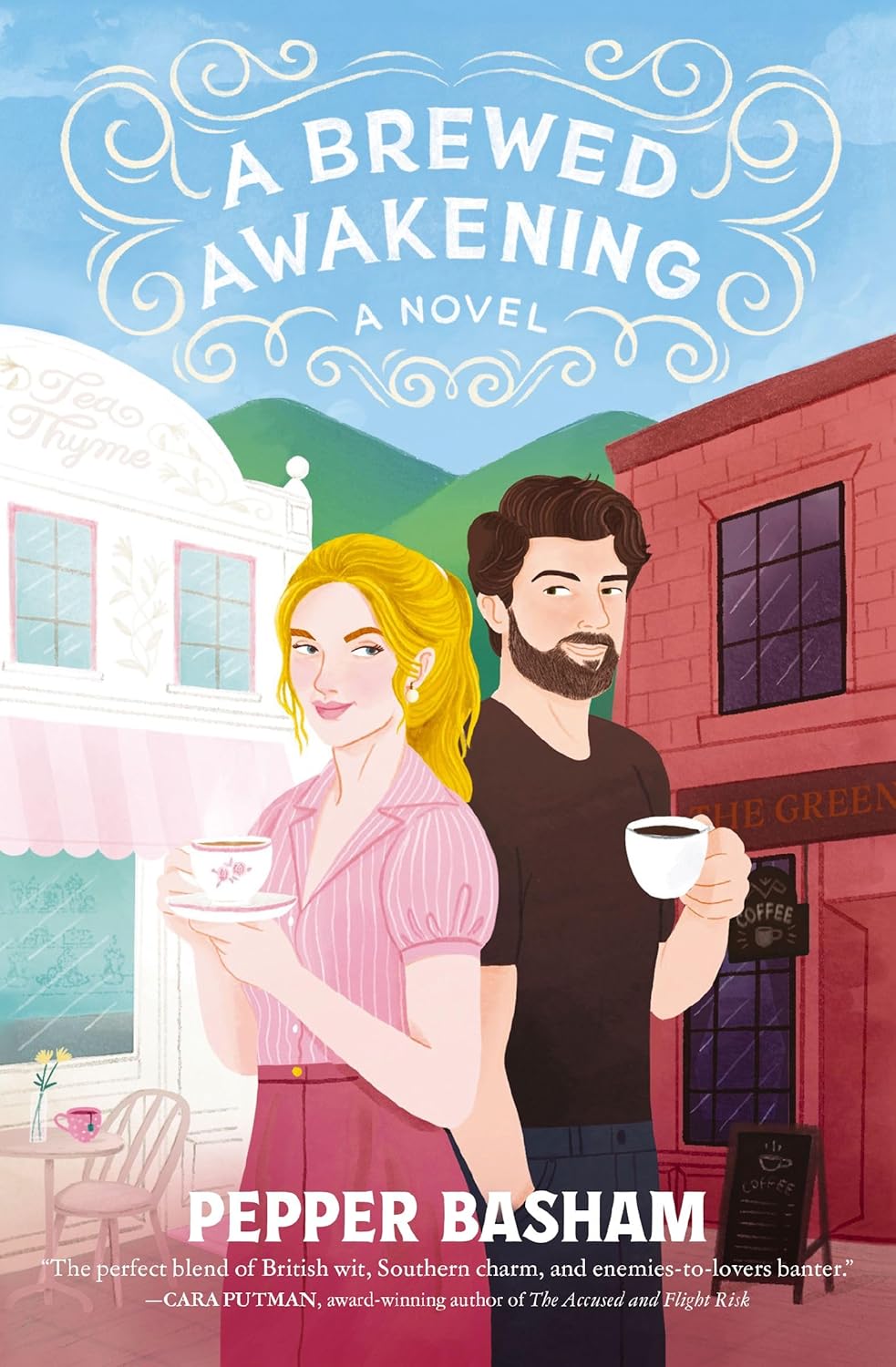 A Brewed Awakening Book cover of A Brewed Awakening by Pepper Basham. It features a colorful illustration of a woman in a pink dress holding a teacup and a man in a green apron holding a coffee mug, standing back-to-back in front of a quaint village street.