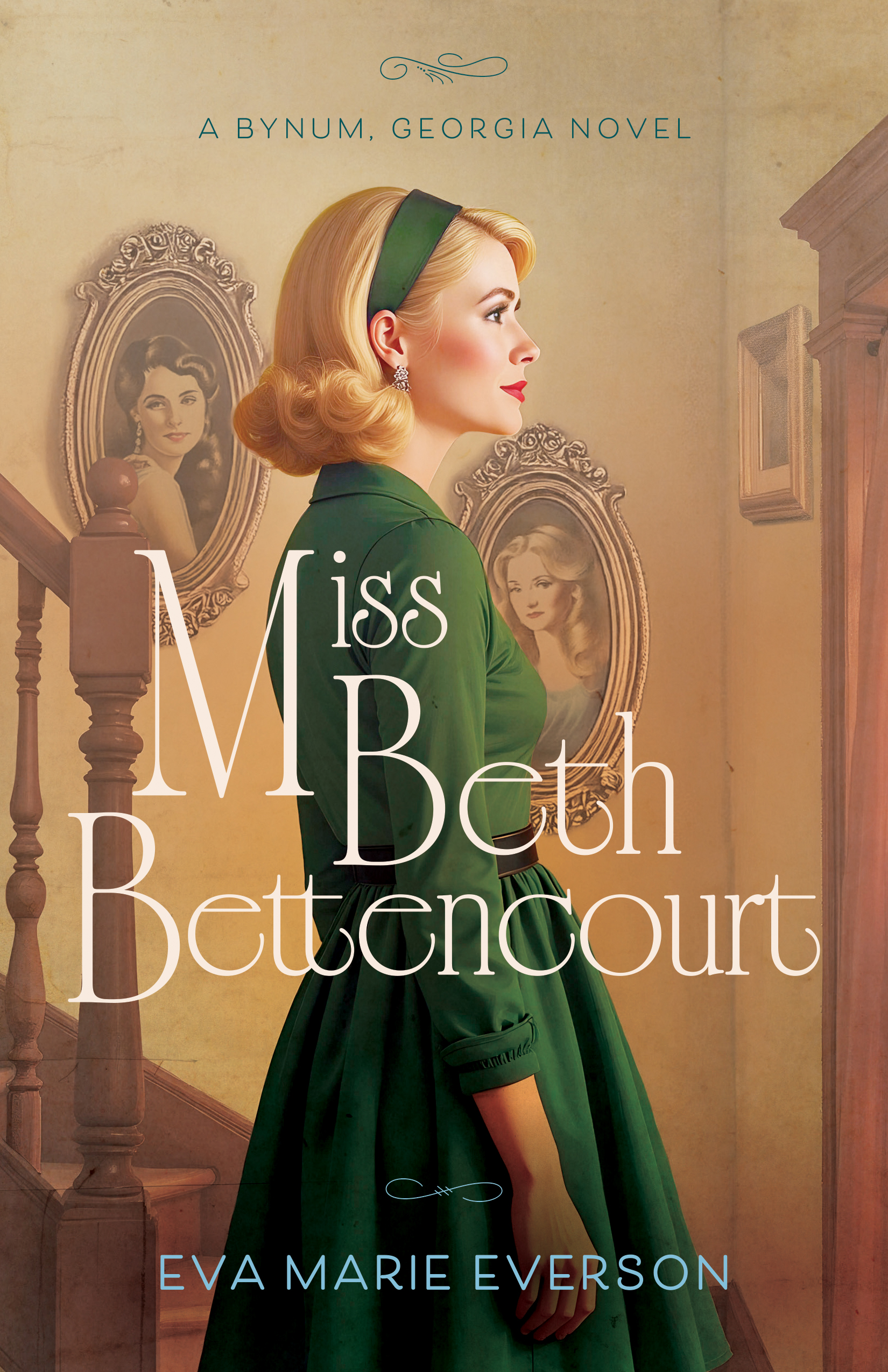 Miss Beth Bettencourt | Danielle Grandinetti Book cover for miss beth bettencourt by eva marie everson A woman in a green dress stands in front of a yellow 1960s style car on a tree lined street The title is at the top in elegant script and the author's name is at the bottom