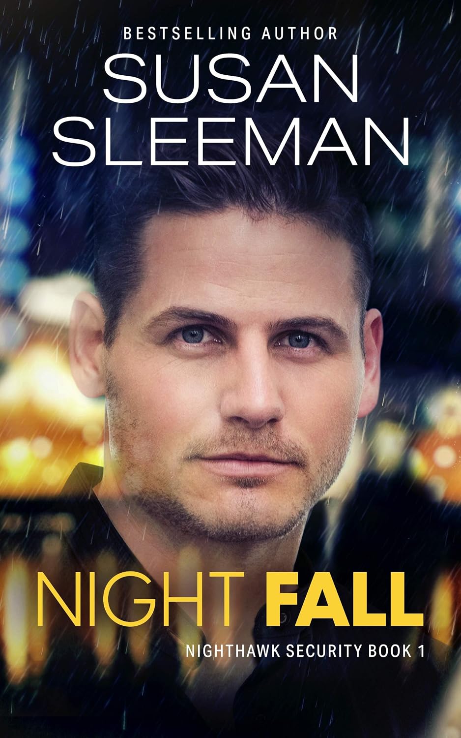 Night Fall | Danielle Grandinetti Close up portrait of a man with blue eyes in a rainy urban night setting book title night fall and author susan sleeman are displayed above and below
