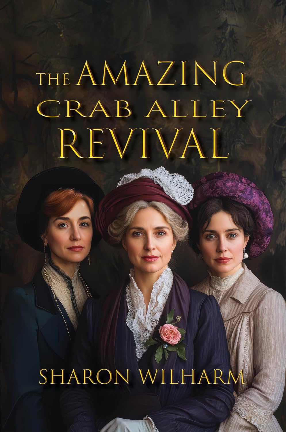 the Amazing Crab Alley Revival | Danielle Grandinetti Book cover 'the amazing crab alley revival' by sharon wilharm showing three women in vintage victorian attire with hats and lace center figure wearing a flower corsage