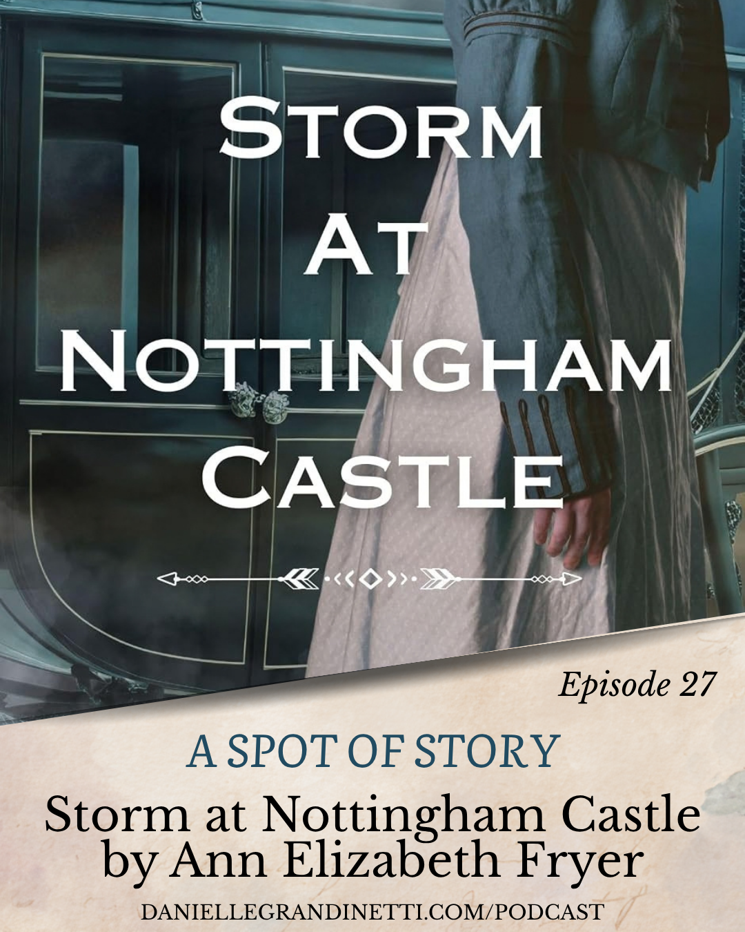 Podcast 45 Social Post 44 | Danielle Grandinetti Podcast cover for a spot of story storm at nottingham castle with a woman in a 19th Century dress beside a carriage as the title appears