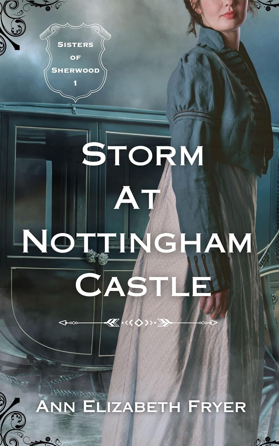 Storm at Nottingham Castle Cover | Danielle Grandinetti Book cover for storm at nottingham castle by ann elizabeth fryer featuring a woman in a victorian dress beside a dark carriage